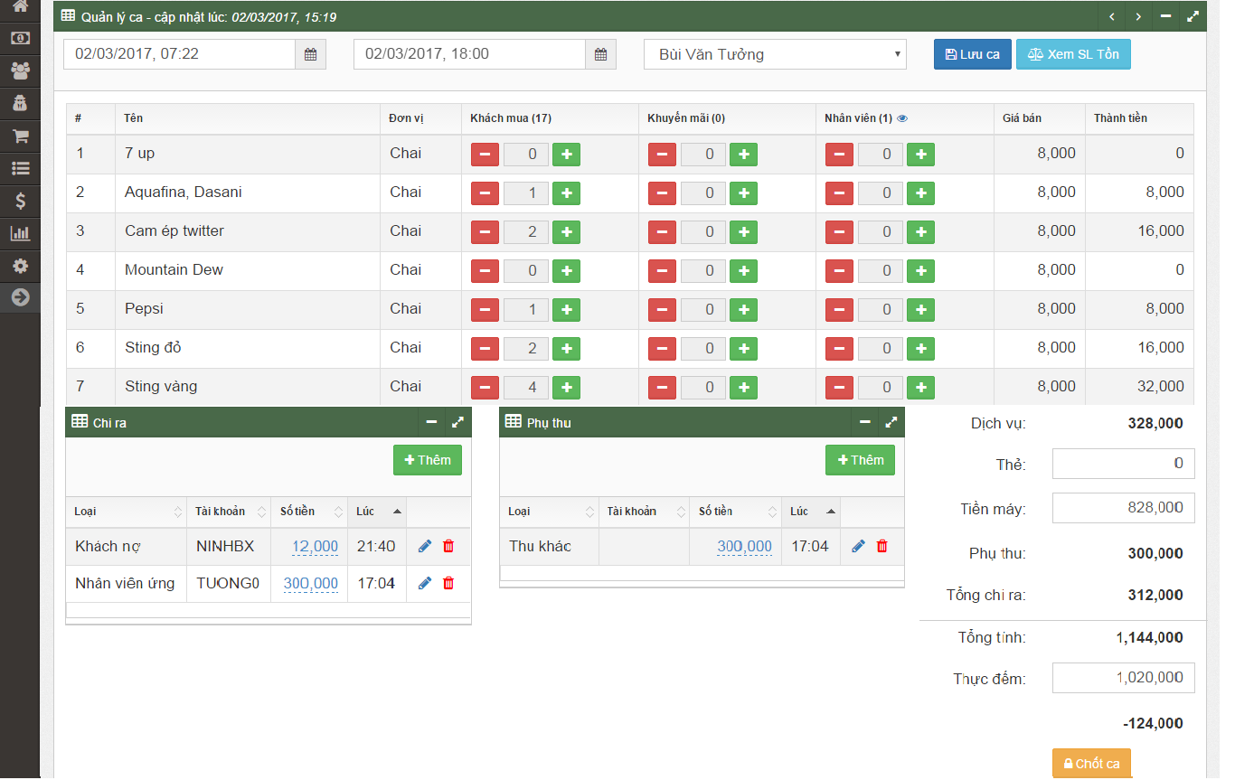 Chi tiết quản lý ca của quán net